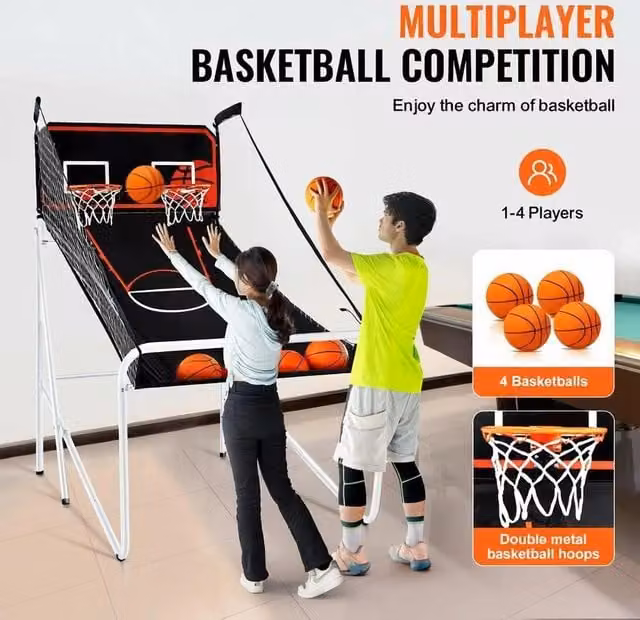 Gioco Arcade Pallacanestro Pieghevole per 2 Persone con 4 Palloni, 8 Modalità e Segnapunti LCD, Bianco e Nero