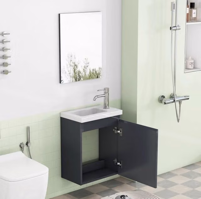 Mobile lavabo sospeso 39,8x24,8x48 cm in MDF grigio, specchio salvaspazio –