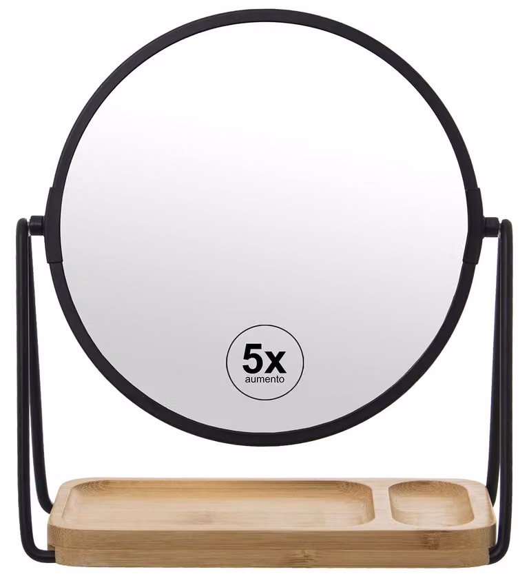 Omgoods - Specchio rotondo con ingrandimento 5x, in metallo e legno, diametro 18 cm