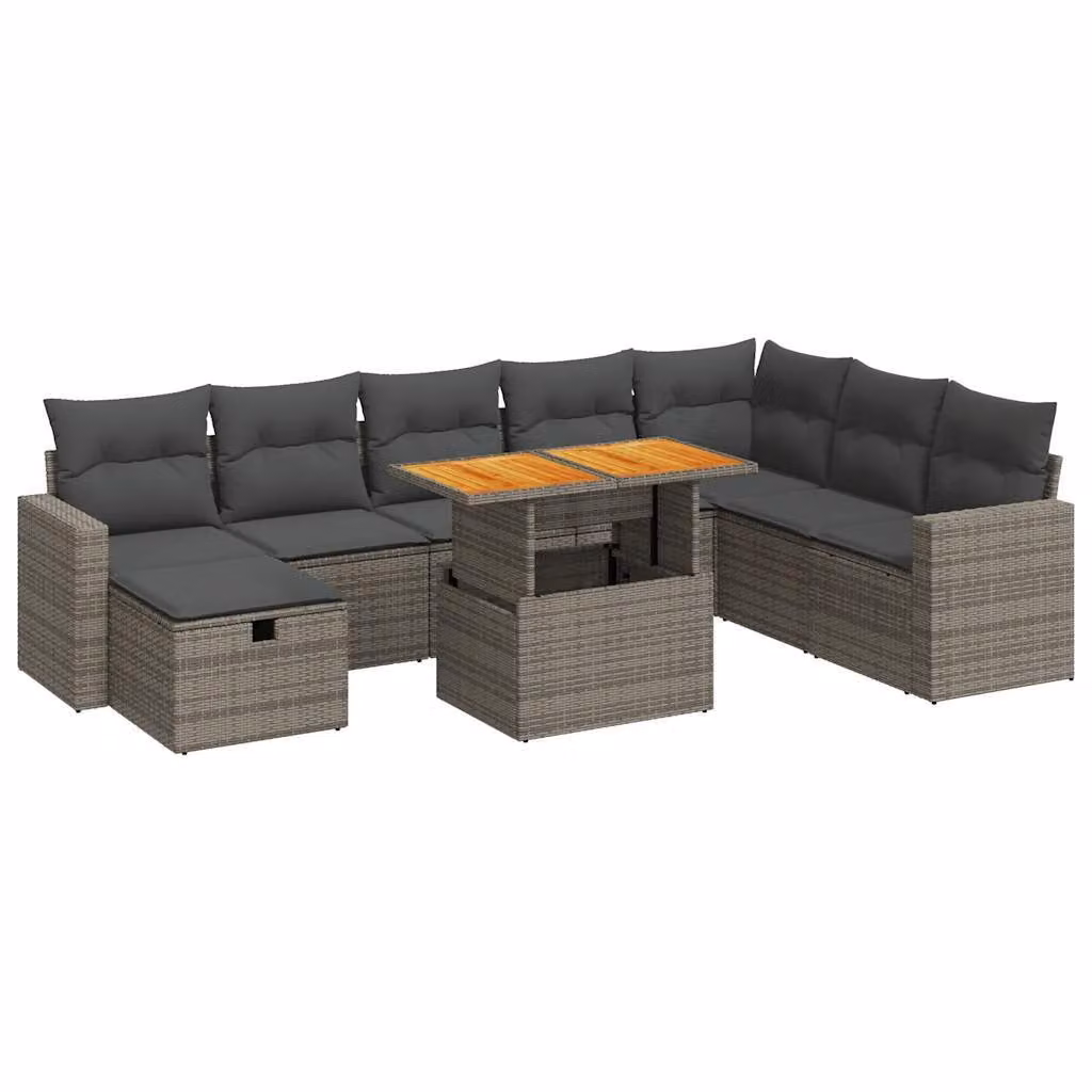 Set Divano da Giardino 9pz con Cuscini Grigio Polyrattan Acacia