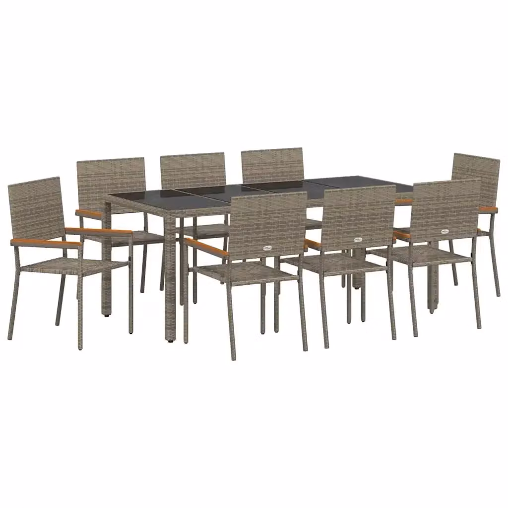 Set da pranzo per giardino vidaXL in polyrattan e vetro da 9 pezzi, colore grigio e marrone con piano in legno di acacia – 2