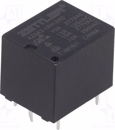 3 relè: bobina elettromagnetica; 24 VDC, 10 A / 277 VAC, modello AZ943-1AH-24D. Elettromagnete