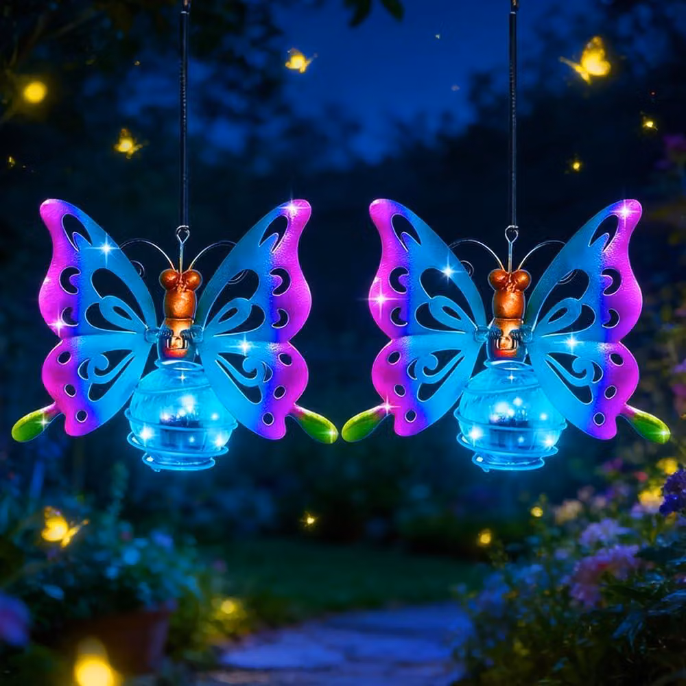 Lampade a forma di farfalla solari, set da 2, da appendere, grado di protezione IP44, per giardino e terrazza