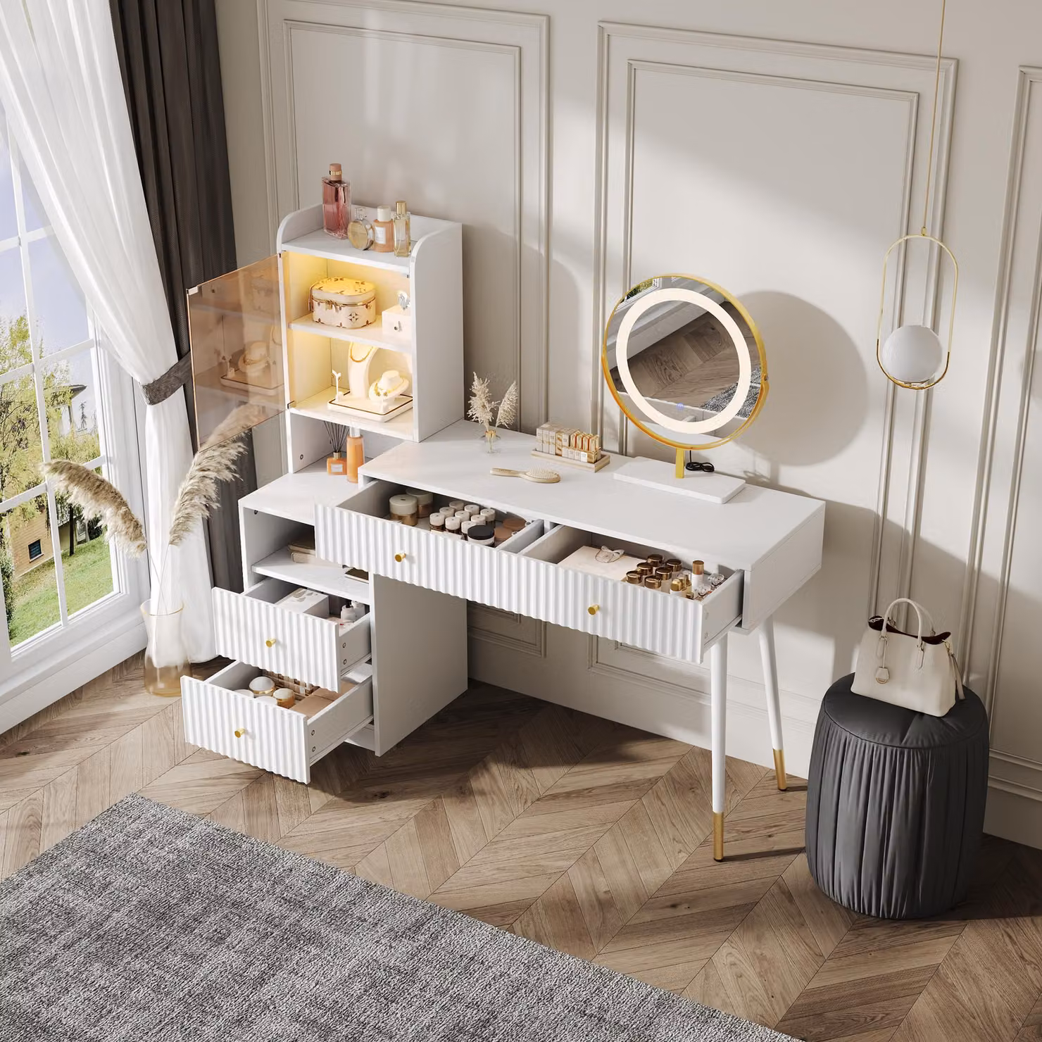 okwish toletta con quattro cassetti e anta in vetro, tavolo cosmetico con pannelli decorativi ondulati, mobile illuminato bicolore con specchio, senza sgabello, bianco