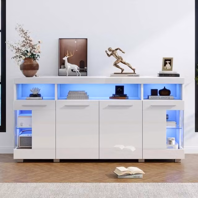 Madia Chicfurn per soggiorno con 3 cassetti, 6 vani e illuminazione LED integrata, in MDF e vetro temperato bianco lucido, L 140 cm x P 40 cm x H 70 cm