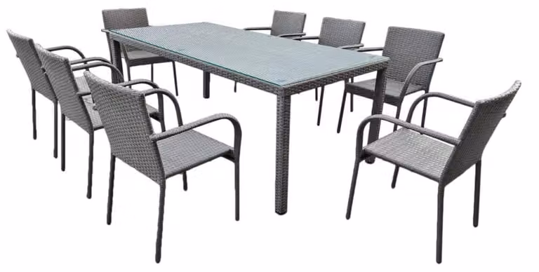 Set di mobili da giardino - 9 pezzi - Grigio - Tavolo da pranzo - 8 sedie - Polyrattan - Resistente alle intemperie