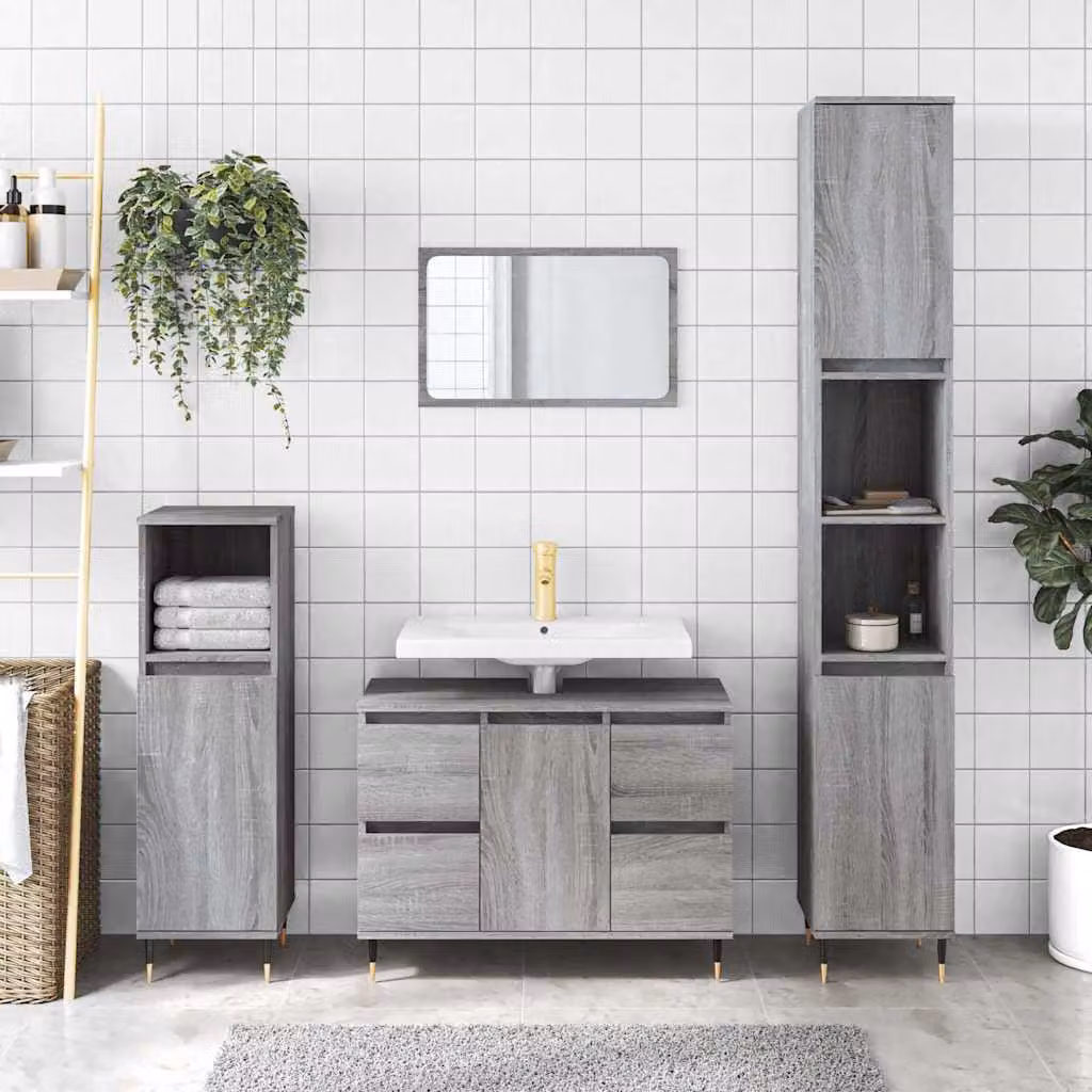 Mobile da bagno vidaXL in legno multistrato grigio Sonoma con ante e cassetti, L 80 cm x P 33 cm x H 60 cm