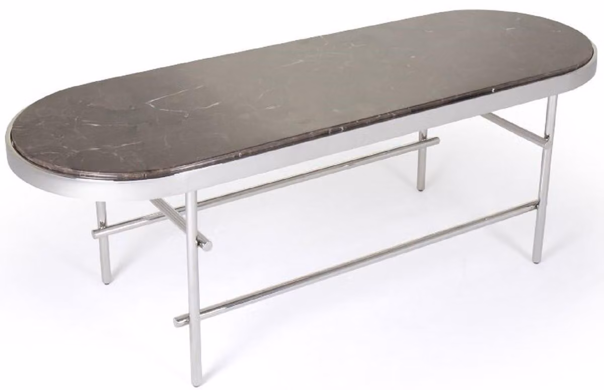 Tavolino Casa Padrino marrone scuro / argento 130 x 45 x h. 45 cm - Tavolino ovale con piano in marmo e struttura in acciaio inox - Mobili per il soggiorno