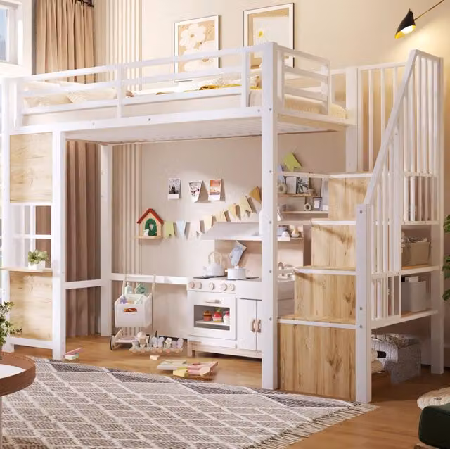 Letto a soppalco 90x200 cm bianco in metallo e MDF con scala contenitore, senza materasso