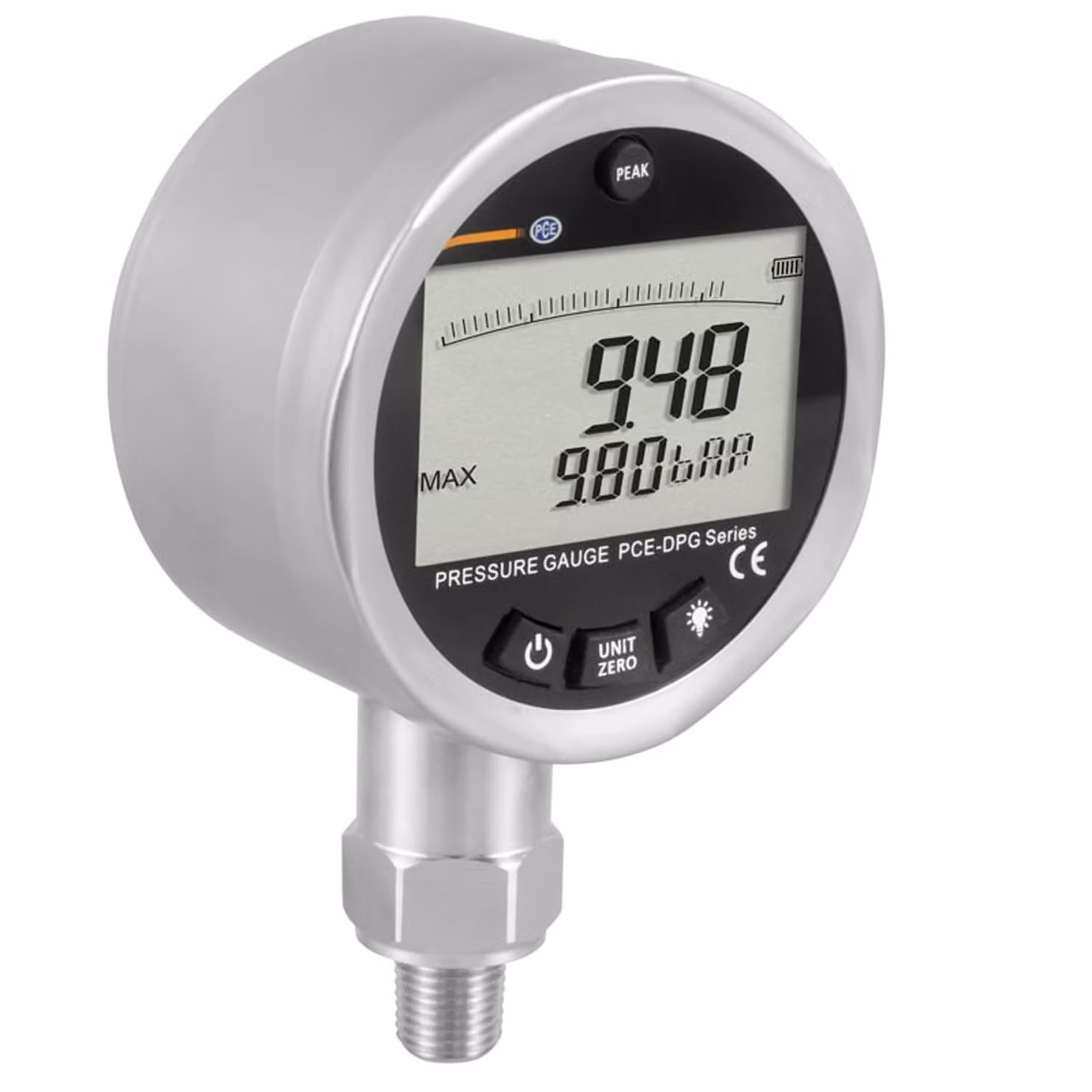 PCE Instruments PCE-DPG 10: Sensore di pressione per acqua e gas | Connessione filettata 1,4" NPT | Display grande da 2,5" | Tempo di risposta < 50 ms