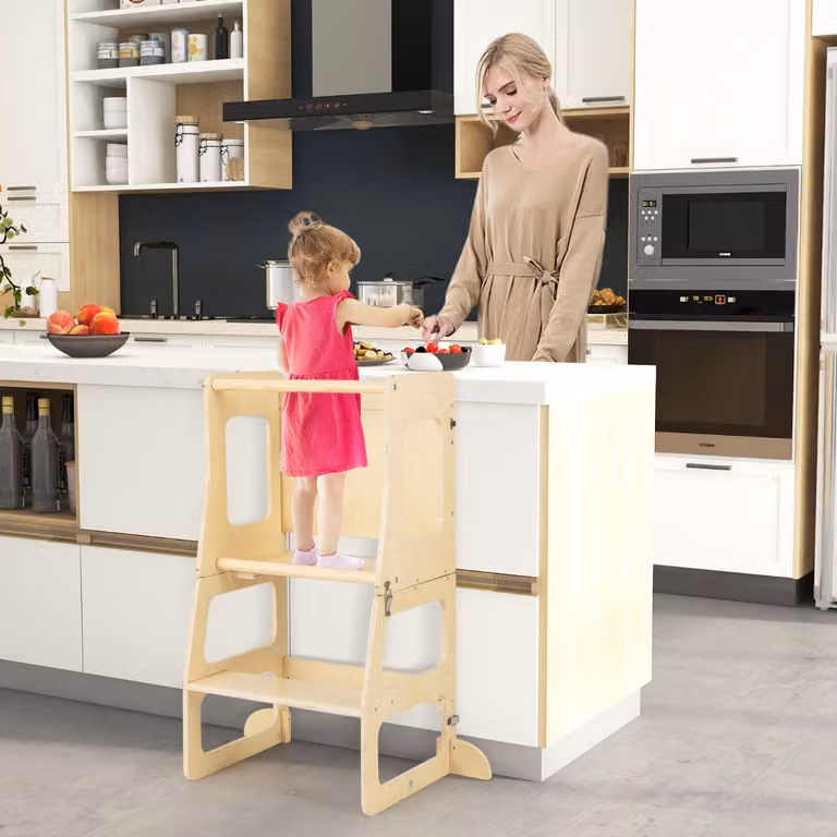 Costway Set di giochi da arrampicata 7-in-1 per bambini in legno pieghevole con rampa reversibile e scivolo, Colore Naturale Beige e Marrone