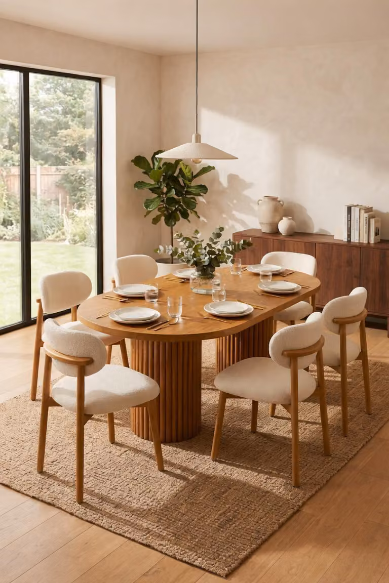Set da pranzo marrone: grande tavolo da pranzo in legno con sedie imbottite, 7 pezzi