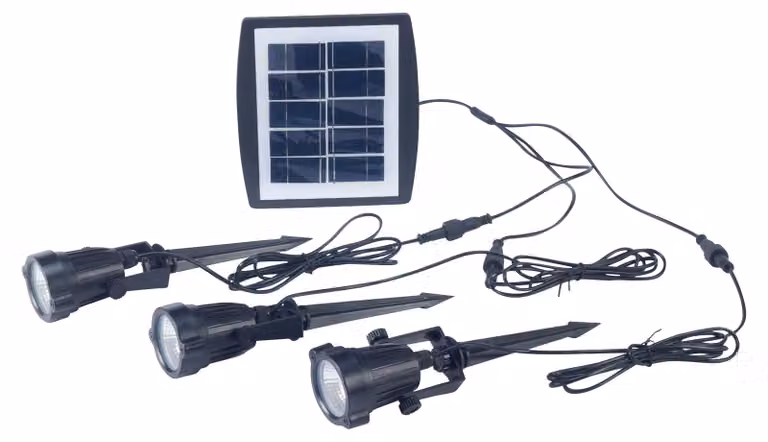 Faretto solare LED per esterni, grado di protezione IP65, 15W, luce bianca fredda a 6500K, resistente all'acqua e agli urti, facile installazione con picchetti, ecologico e versatile, ideale per giardini e terrazze.
