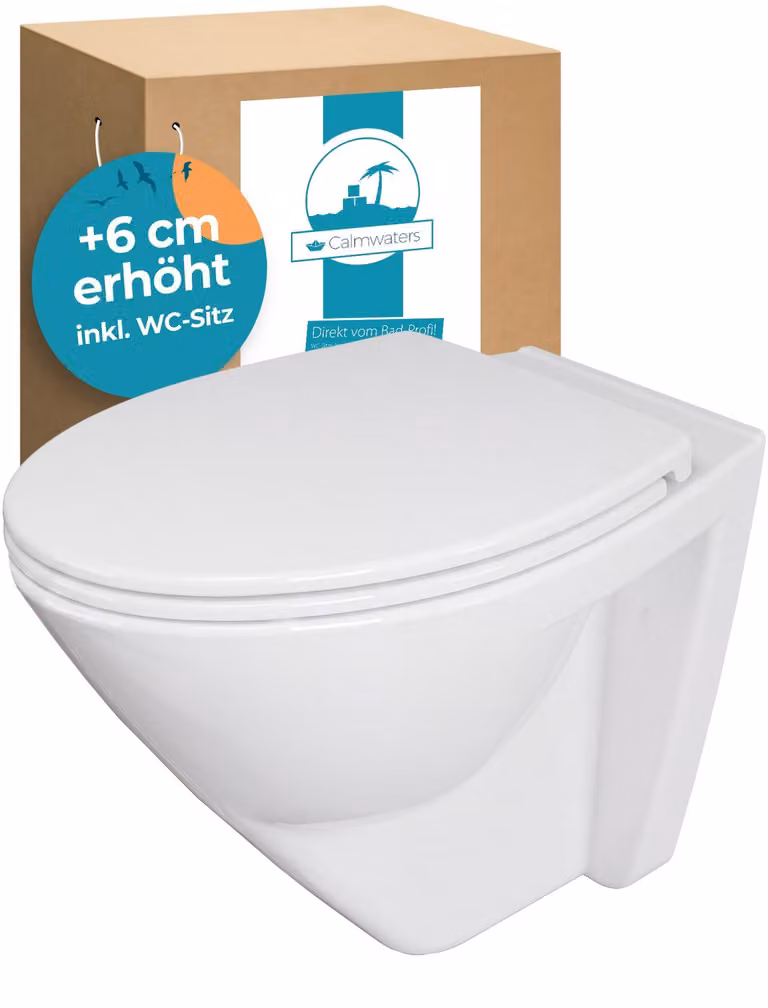 Calmwaters® WC sospeso senza bordo Modern Plus con coperchio, +6 cm di rialzo, WC rialzato con sedile estraibile con chiusura ammortizzata e Fast-Fix, lavaggio comfort, bianco