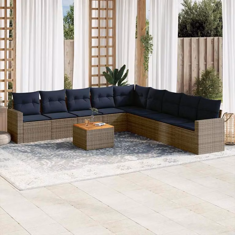 vidaXL Set di Divani da Giardino a L in Polyrattan Grigio con 10 Pezzi e Cuscini