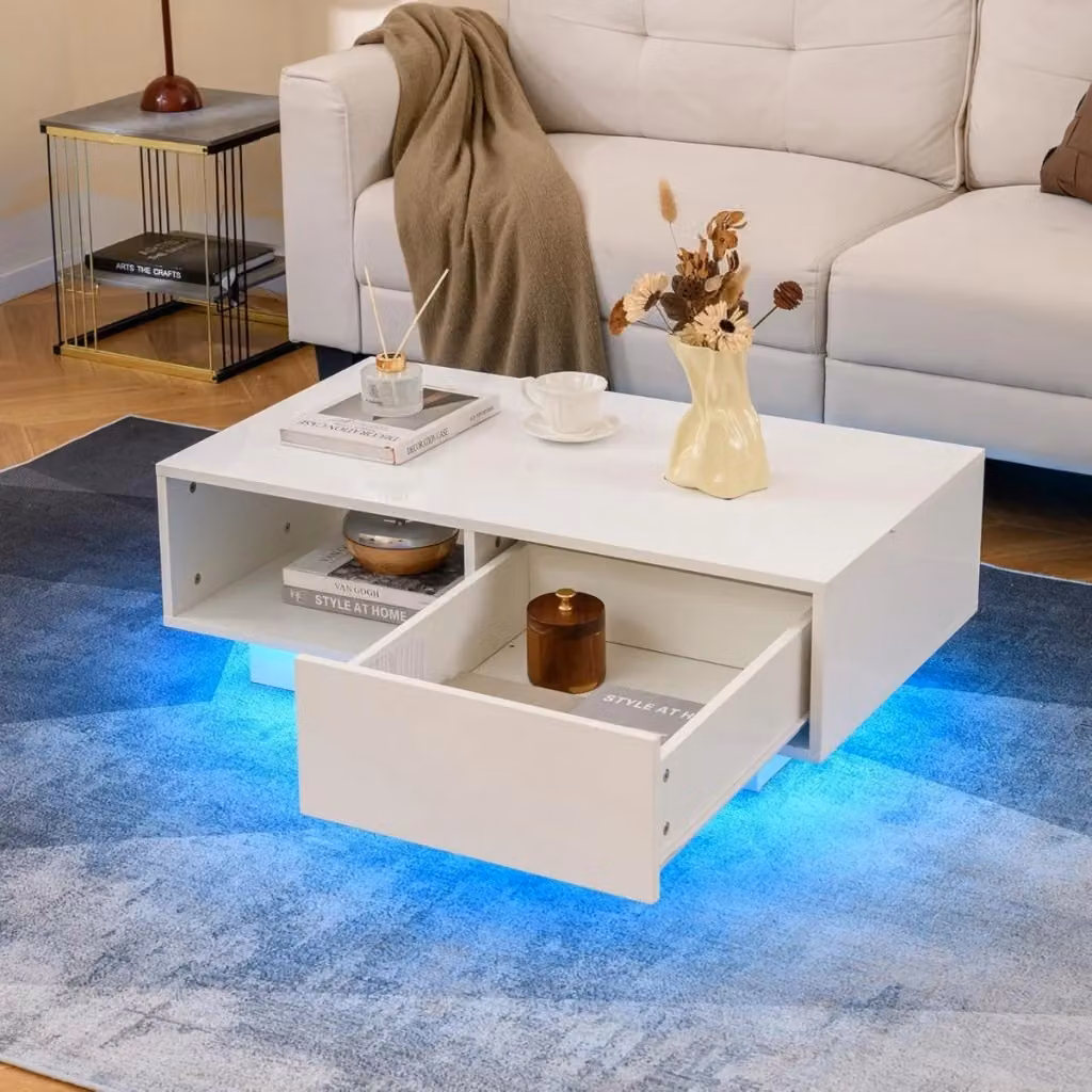 Tavolino da salotto moderno Design Mania bianco lucido con scomparto aperto, cassetto e luci con telecomando L/P/H: 95 x 126 x 55 cm – 2