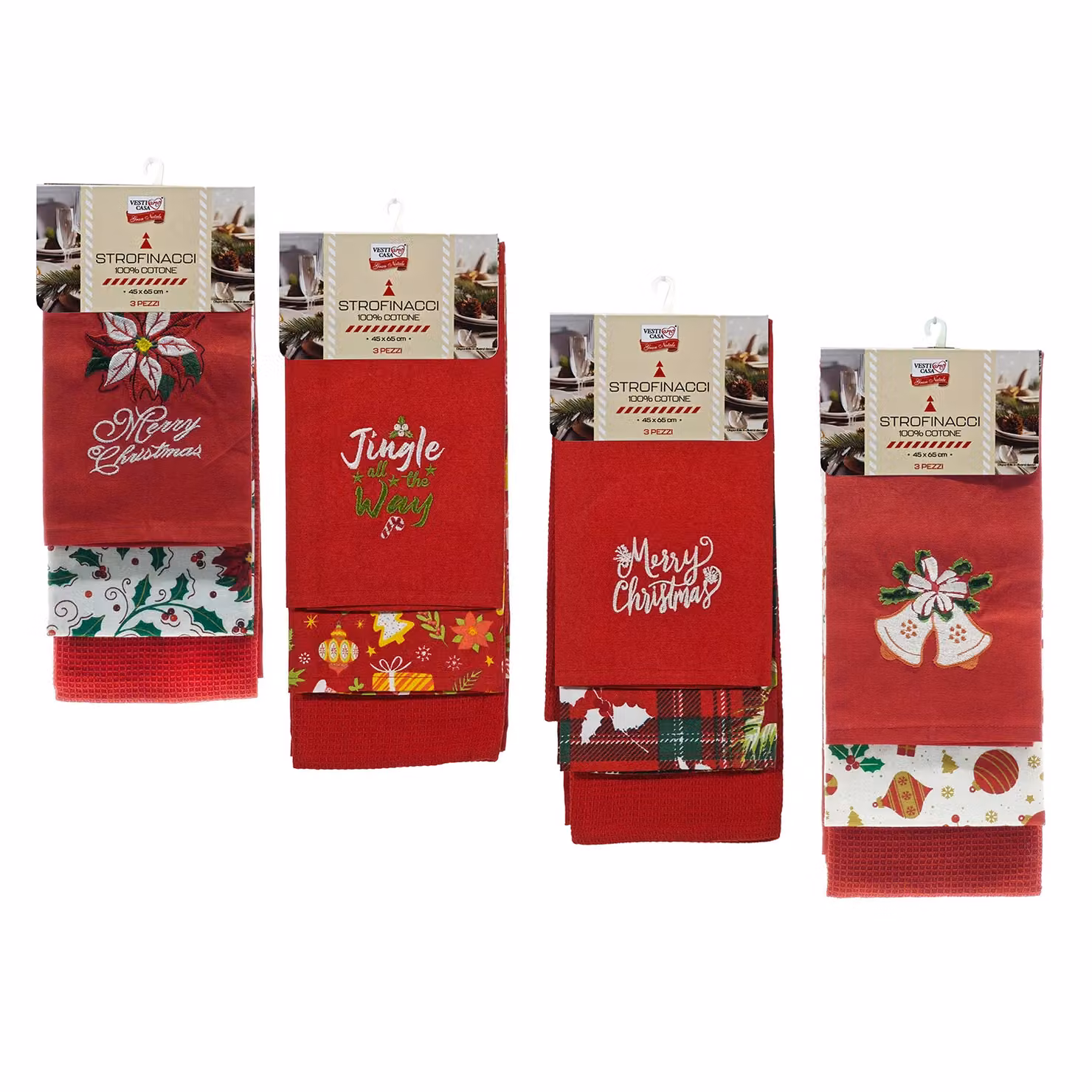 Set di 3 strofinacci natalizi Vestiamo Casa in cotone, colore rosso, H 65 cm x L 45 cm