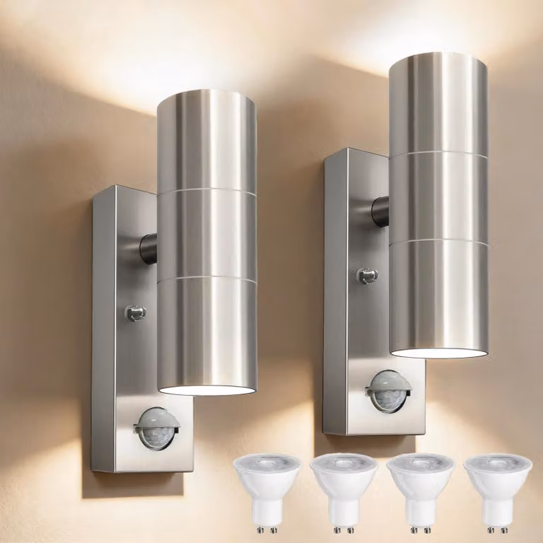 Apparecchio di illuminazione da esterno a parete, modello PIR, con attacco GU10, in acciaio inossidabile, grado di protezione IP54, 2 LED da 3000K, 10W, colore argento