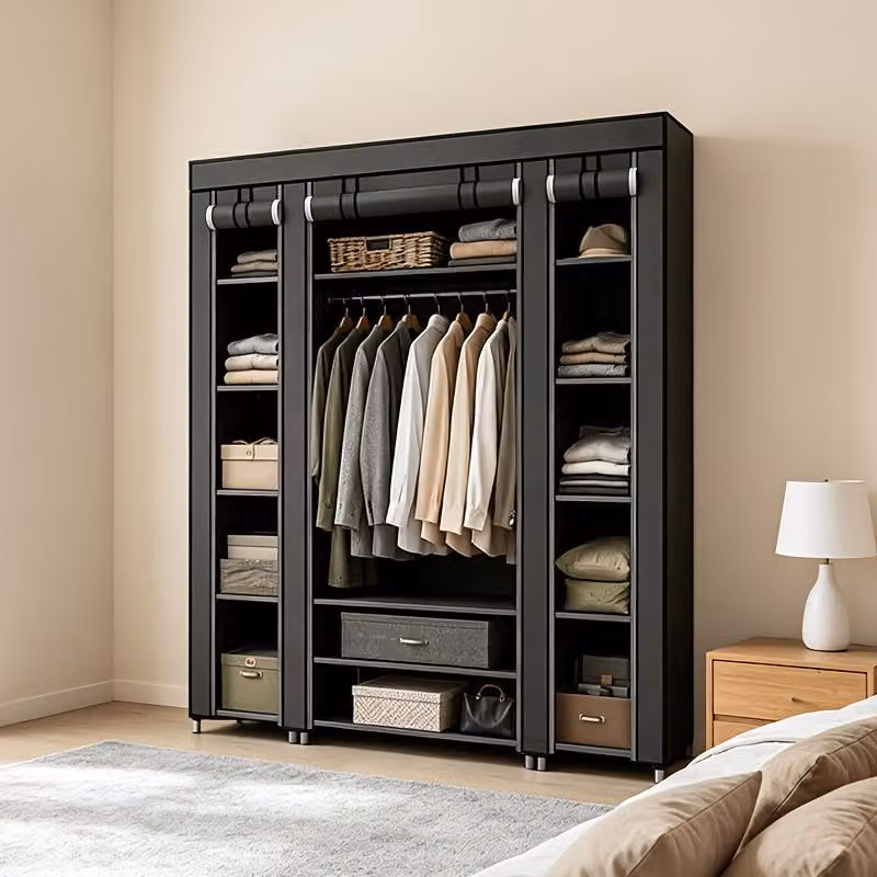 Armadio portatile pieghevole in tessuto, dimensioni 175,26*149,86*44,96 cm, nero/grigio - Organizzatore per armadio portatile con asta appendiabiti e ripiani