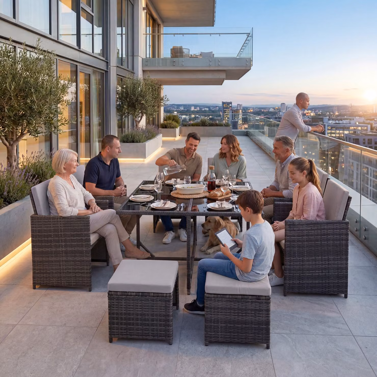 Set da salotto in rattan TecTake GmbH Bilbao 4+4+1 con tavolo in vetro e copertura protettiva - grigio – 3