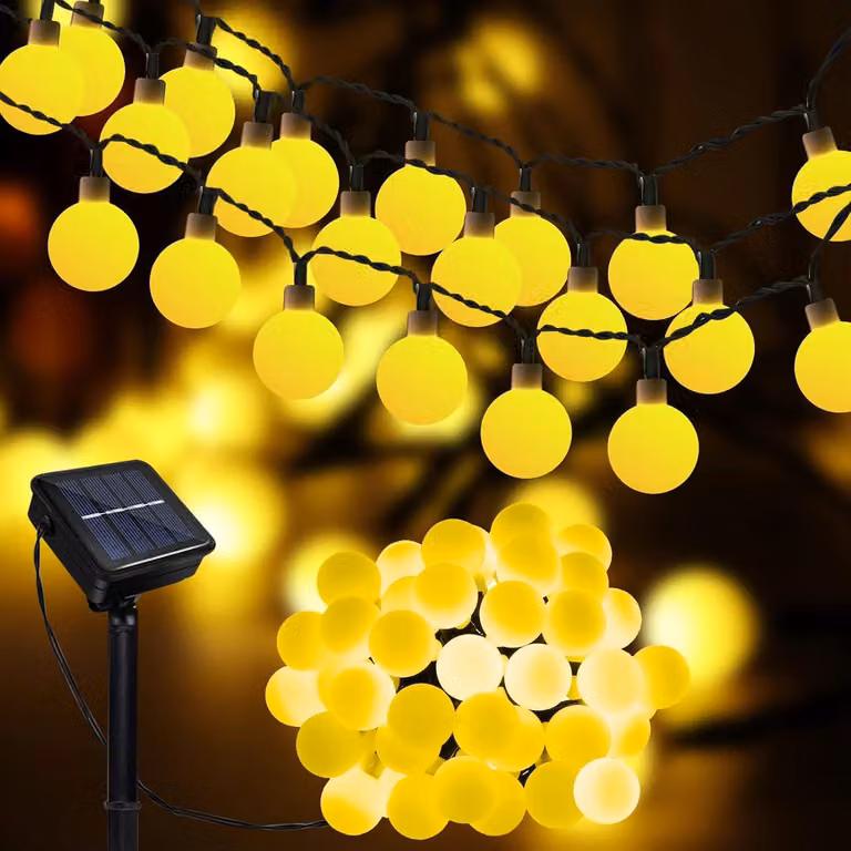 Catena luminosa solare, 12 metri, 100 luci a LED a forma di sfera, luce bianca calda, grado di protezione IP65