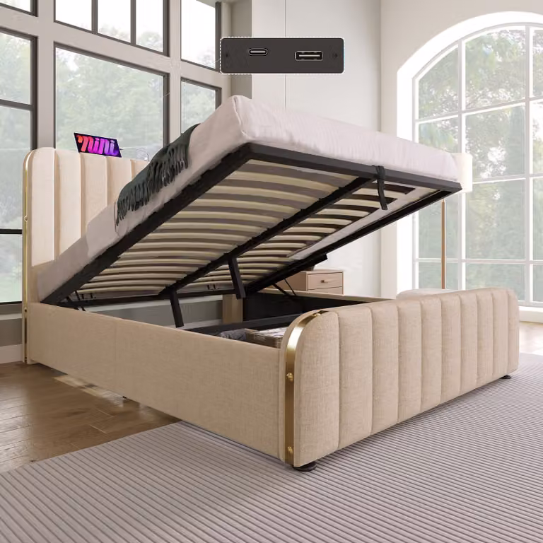 okwish letto a molle imbottito 140 x 200 cm con testata imbottita con finiture dorate e funzione di ricarica USB type-C, letto contenitore idraulico con spazio per la rete (con materasso)- Beige