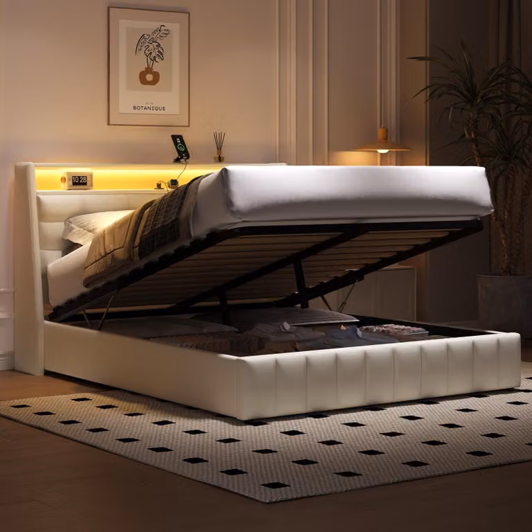 Letto imbottito Merax 160x200 cm, letto matrimoniale con LED, connessione USB, contenitore idraulico, testata regolabile, letto piatto, letto a piattaforma, PU, bianco