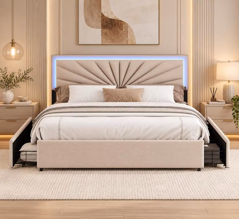Letto imbottito INONEFT, 160x200 cm, con illuminazione LED, 4 cassetti, letto per ragazzi/matrimoniale, con poggiatesta regolabile in altezza e rete a doghe, colore beige lino