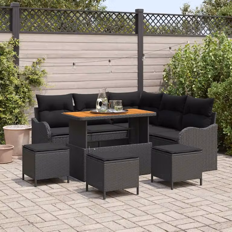 Set Divano da Giardino vidaXL 9 Pezzi con Cuscini e Contenitore Nero e Beige