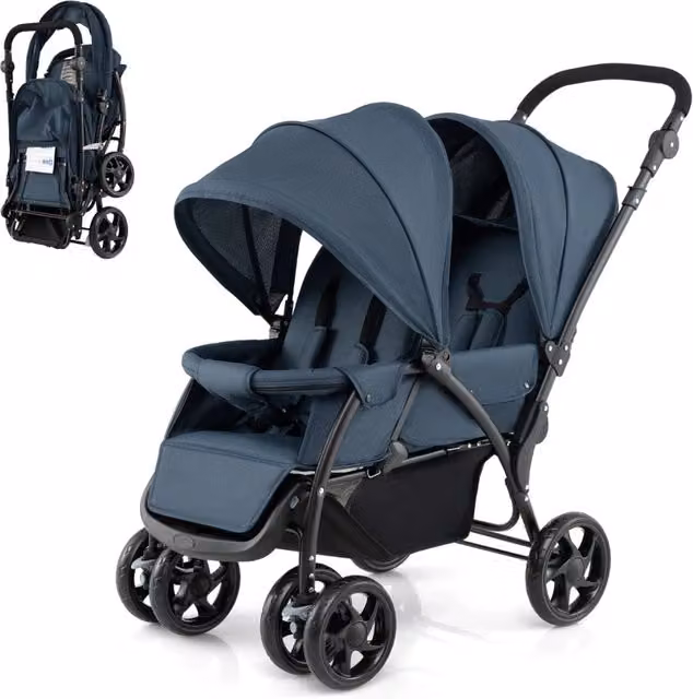 Passeggino doppio pieghevole Design Mania con seduta in tandem e tettuccio, Blu