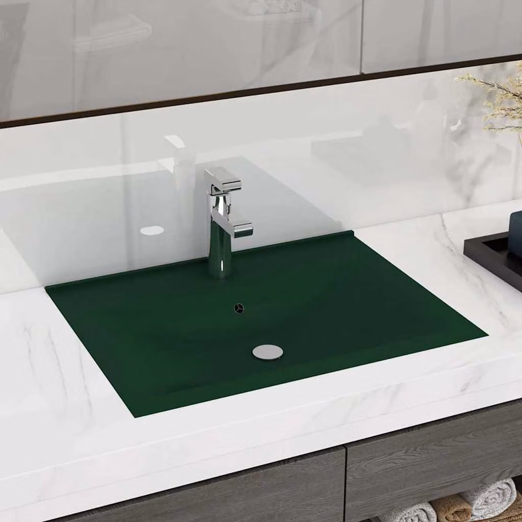 Lavabo rettangolare in ceramica vidaXL con foro rubinetto, verde scuro opaco, L: 60 cm, P: 46 cm, H: 16 cm
