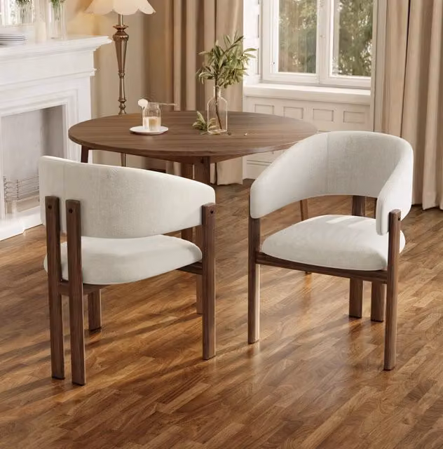 Set 2 sedie da pranzo beige in lino, struttura metallica effetto noce con braccioli