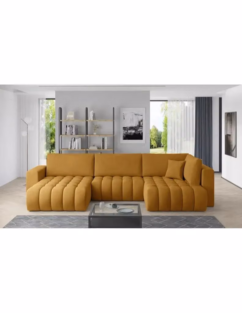 Divano ad angolo convertibile BONITA MEUBLORAMA, 6 posti, giallo arancione, tessuto, lato sinistro, L 350 cm x P 175 cm – 2