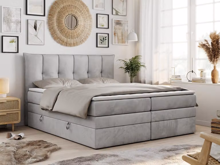 Letto boxspring con materasso a molle insacchettate a 7 zone e topper - PREMIUM-10-KING - 200x200 cm - Grigio chiaro - H4