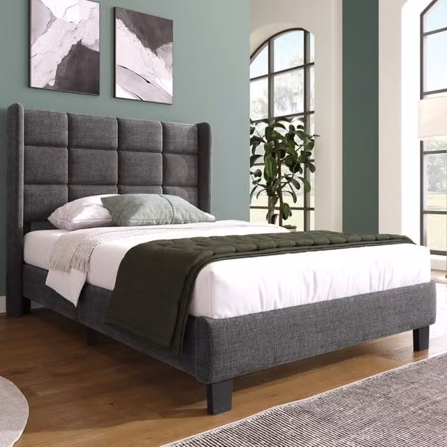 Letto singolo Mivray con testiera imbottita e rete a doghe in legno, colore grigio, L/P/H: 90 x 200 x 108 cm