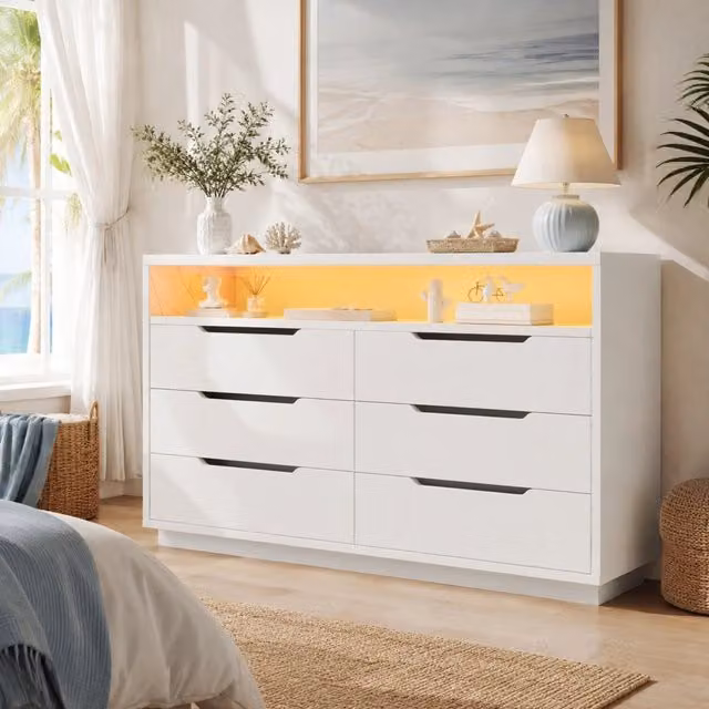 Credenza bianca con LED, 6 cassetti e vano aperto effetto marmo, 120 x 40 x 85 cm