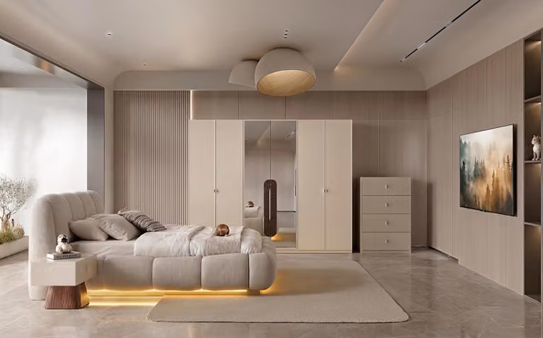 Set per camera da letto: letto, armadio, comodino, 2 comodini, design moderno, colore beige, elegante