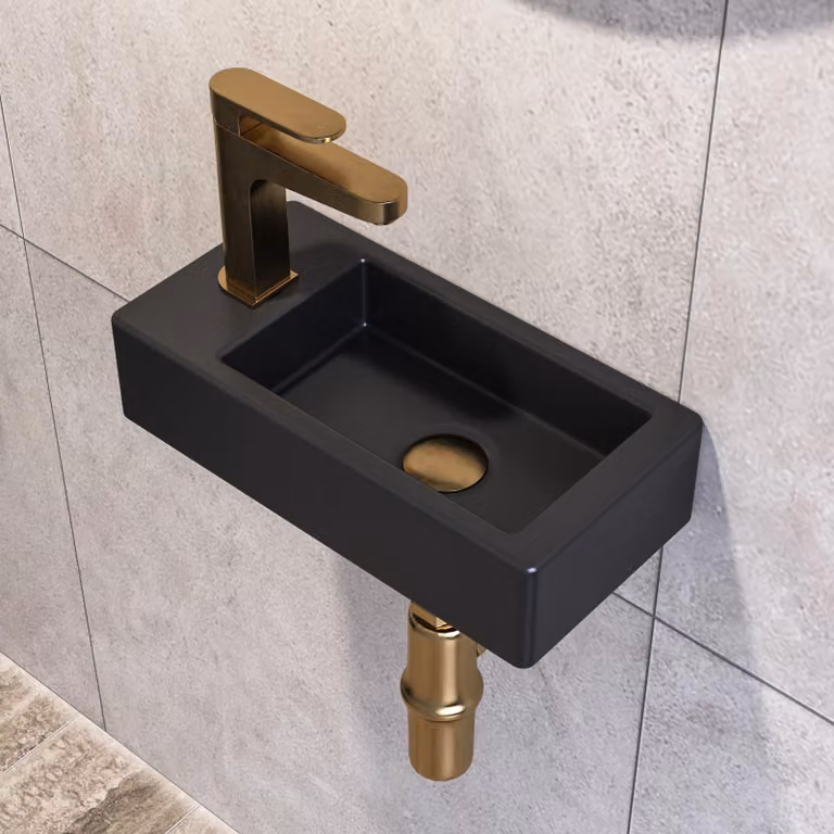 Lavabo da bagno in Vetroceramica, dimensioni 37x18x9 cm, colore nero, foro per il rubinetto a sinistra
