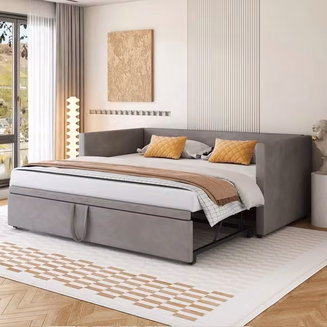 Letto imbottito estraibile ¨C Minimal ¨C velluto grigio 90x200/180x200 cm con rete a doghe