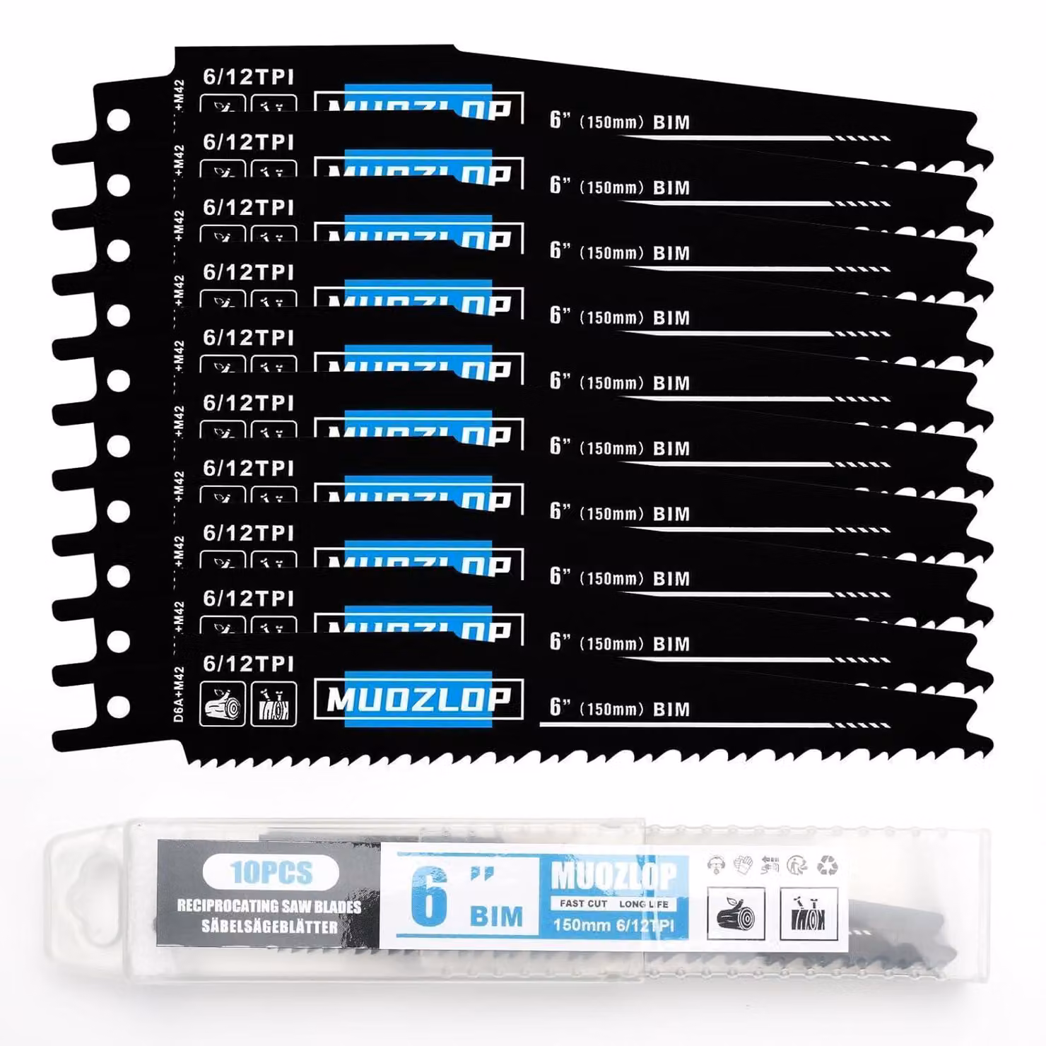 Set di lame per seghetto alternativo, 10 pezzi, 150 mm, 6/12 denti per pollice, per legno e metallo (anche con chiodi), compatibili con seghetti alternativi standard