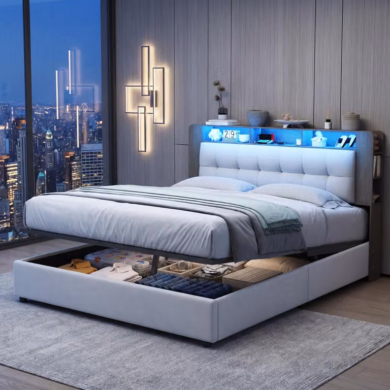 Letto contenitore con struttura a molle, 140x200 cm, dotato di base di ricarica wireless, testiera contenitore, struttura letto imbottita con LED e rete a listelli, rivestito in velluto, colore beige