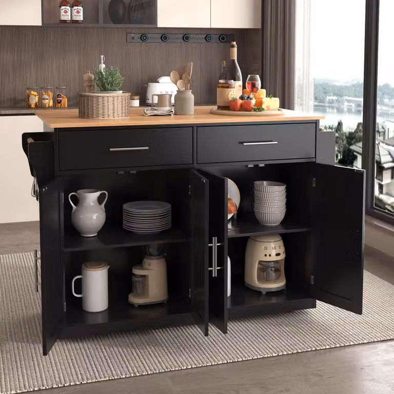 Isola da cucina con piano ribaltabile, dimensioni 120x46(70)x91 cm, colore nero, con ruote e gambe in legno, 4 ante e 2 cassetti