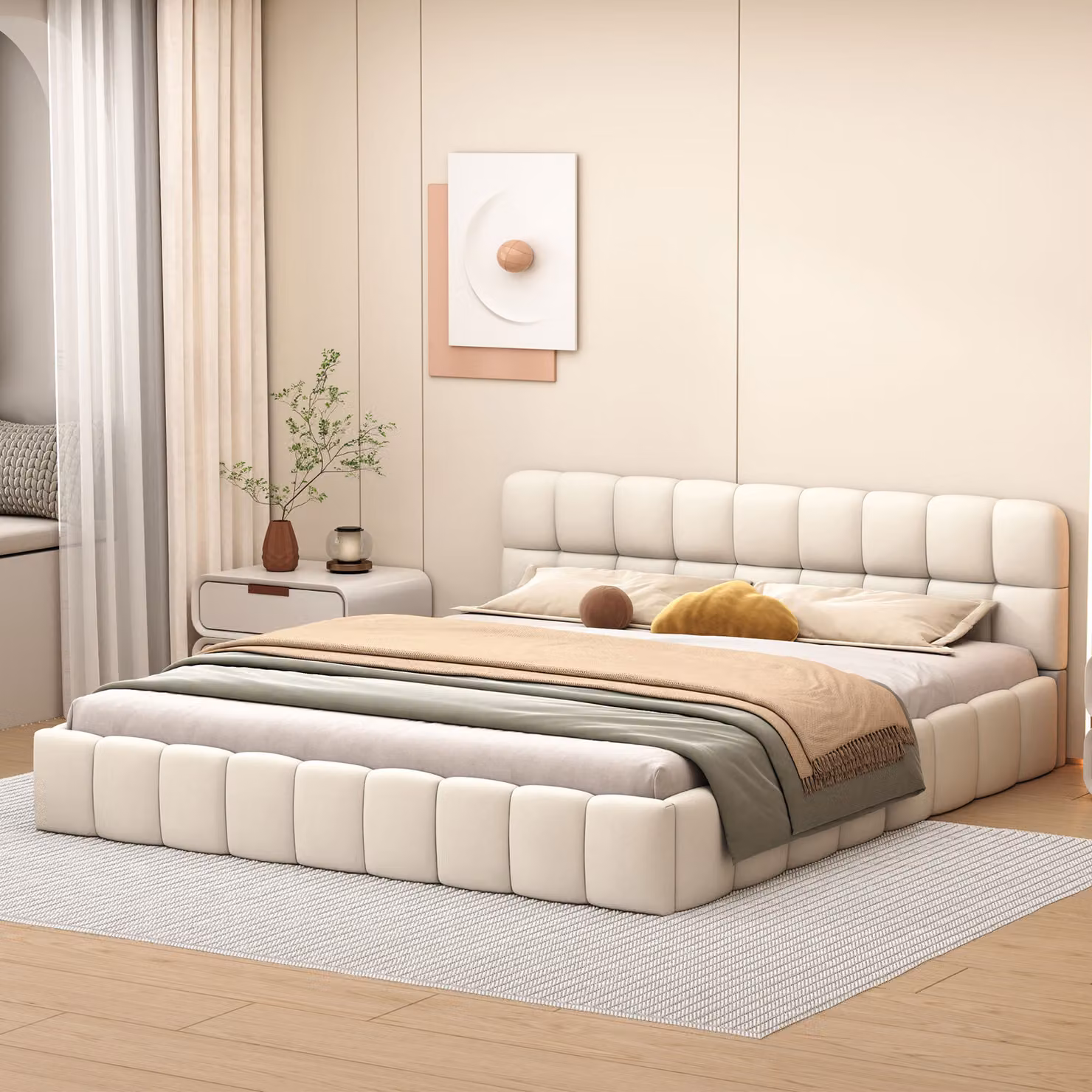 Letto per adulti 140x200 cm con rivestimento in lino, schienale morbido, letto piatto con rete a doghe, beige