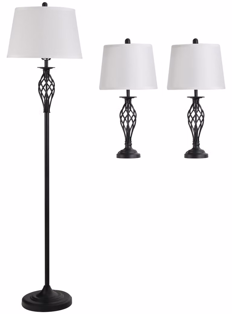 HOMCOM 1 Lampada da Terra e 2 Lampade da Tavolo in Metallo, Design Vintage, Nero e Bianco