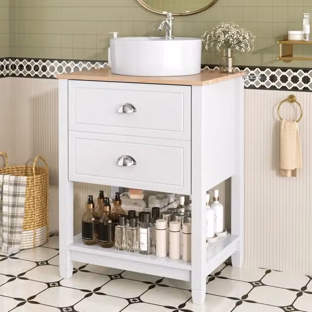 Mobile sottolavabo con lavabo rotondo in ceramica, 2 cassetti e vano aperto, bianco e naturale, 60 × 45 × 91 cm