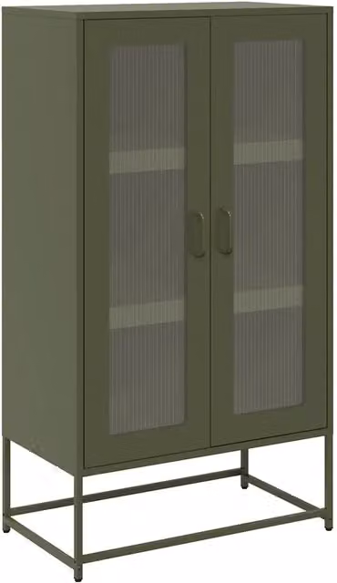 Credenza moderna in acciaio Verde Oliva con ante in vetro, L: 68 cm, P: 39 cm, H: 123 cm
