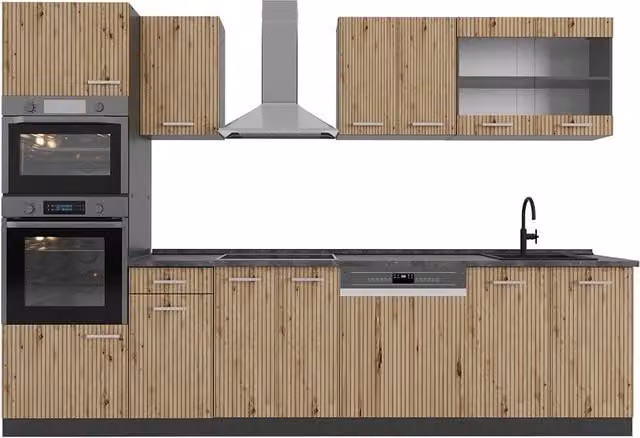 Cucina componibile moderna Vicco R-Line Rovere e Antracite con armadio alto, L: 300 cm – 1
