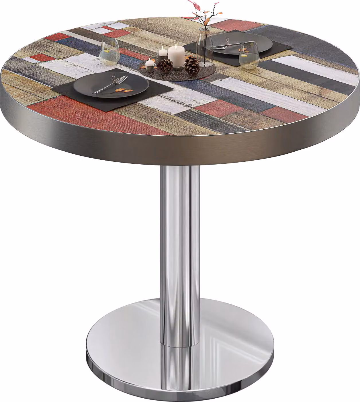 BN | Tavolino da bistrot | Ø: 70 x 72 cm | Bordo in acciaio inossidabile | Vintage multicolore / acciaio inossidabile | Rotondo | Tavolino da bistrot