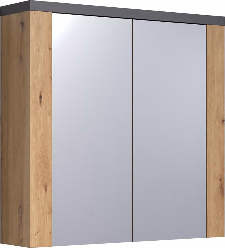 Segui l'arredo del bagno in rovere con mobiletto a specchio.