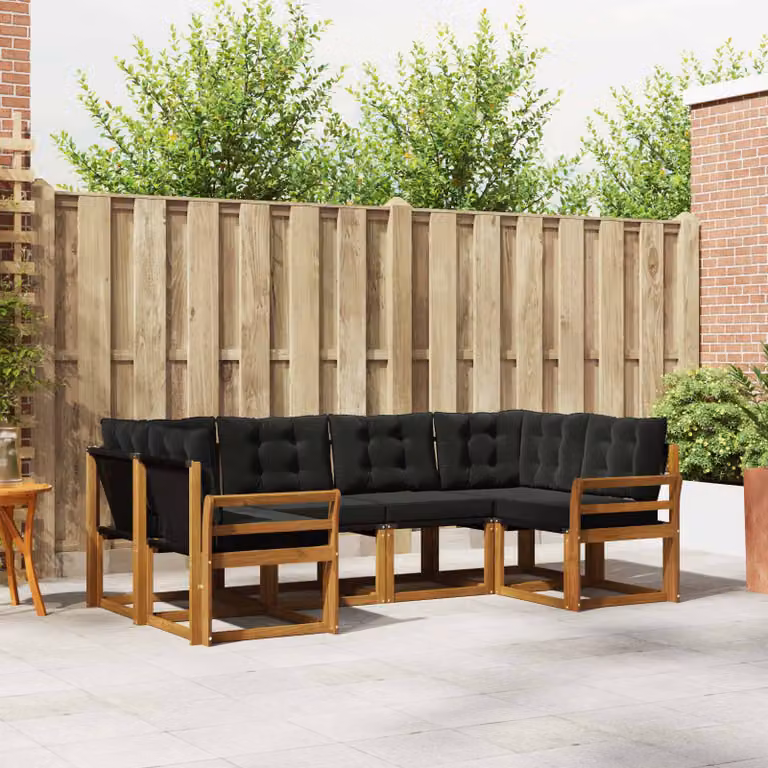 Set di divani da esterno vidaXL a forma di L composto da 6 pezzi in legno di acacia trattato e tessuto textilene, colore marrone e nero